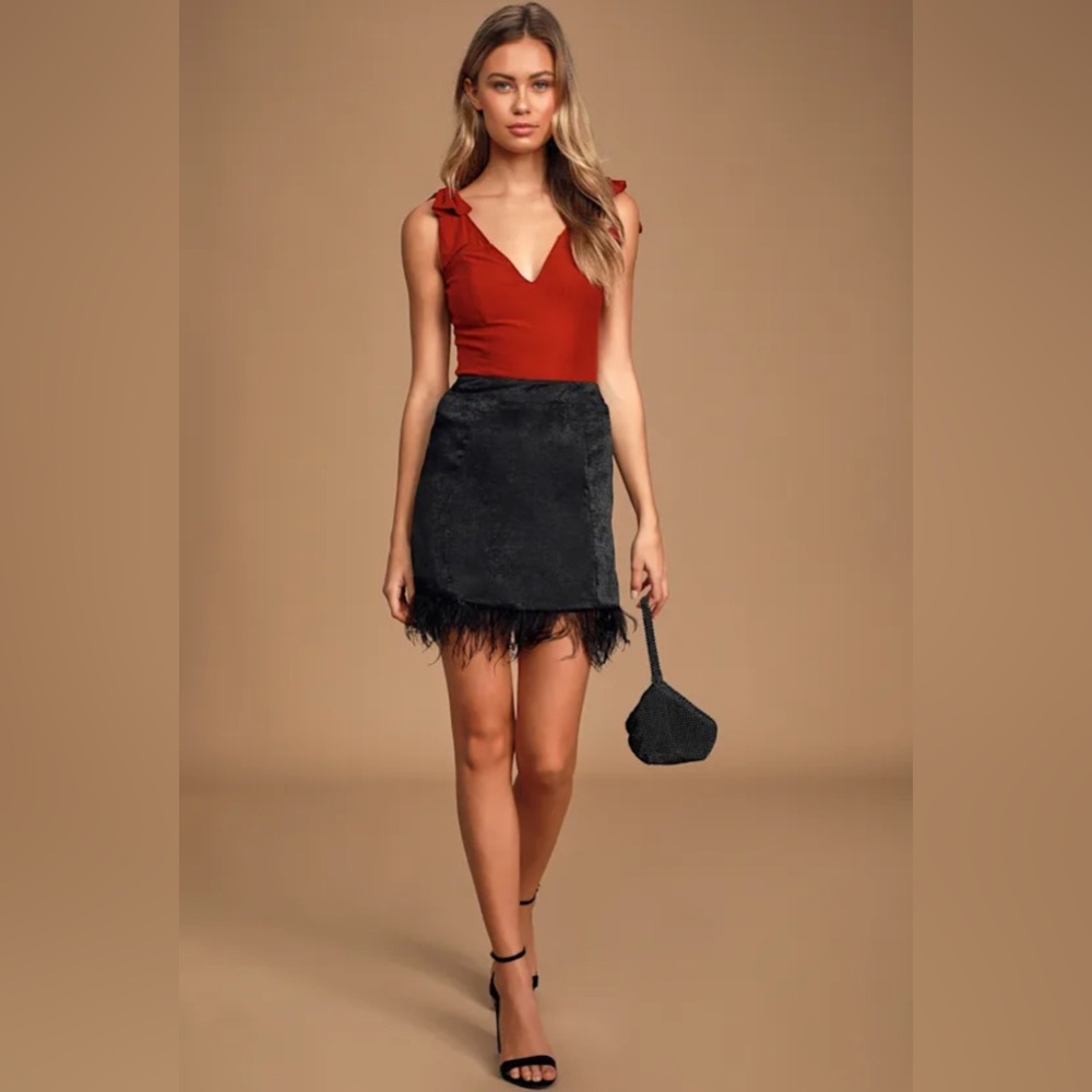 Lulus Hooked On You Black Satin Feather Mini Skirt